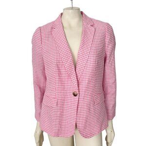 NEW TALBOTS Classic Summer Blazer Gingham Pink White 1 button Linen  SZ 14P